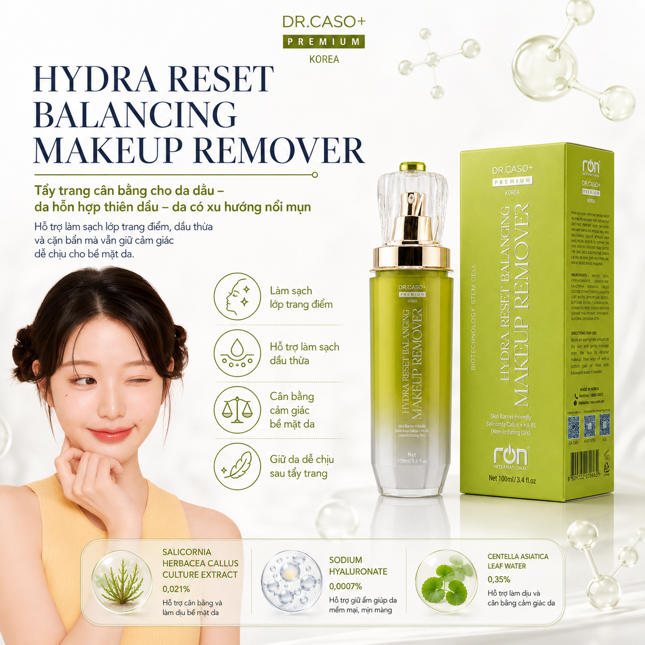 RON DR.CASO+ PREMIUM HYDRA RESET BALANCING MAKEUP REMOVER/Tẩy Trang Đa Tầng Hydra Reset – Hỗ Trợ Cân Bằng Và Củng Cố Hàng Rào Da
